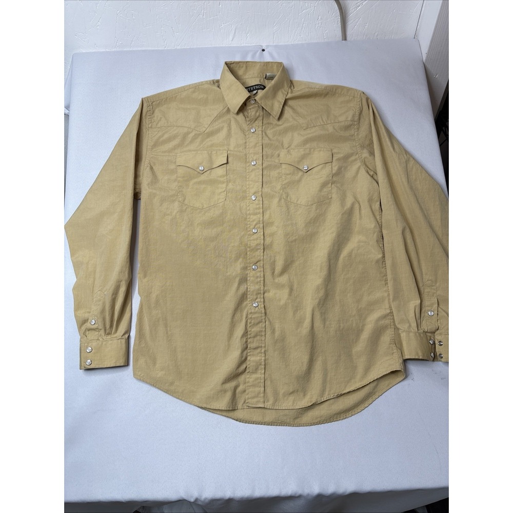 Stetson Western Pearl Snap Shirt Mens Large Khaki Tan Solid Long Sleeve Cotton